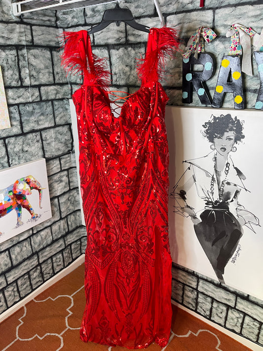 Zapaka Red Sequin Fur Formal Dress Women sz 20
