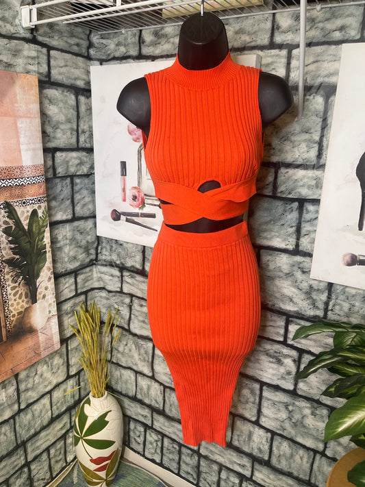 Fashion Nova Orange 2 Piece Skirt Set Women sz Small