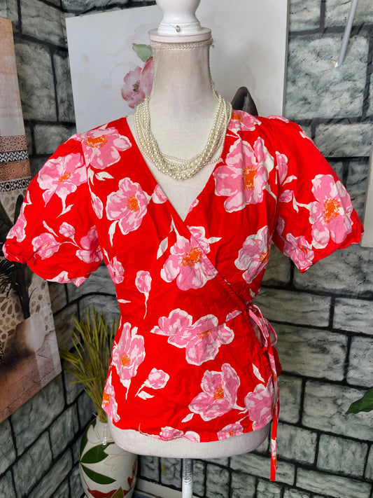 Old Navy Red Pink Floral Blouse Women sz Medium