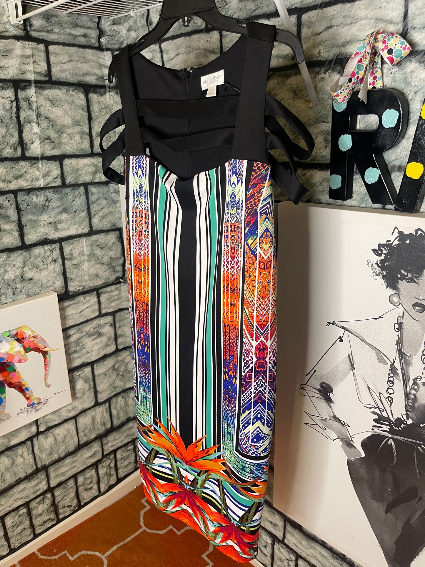 NEW Bisou Bisou Black Colorful Dress Women sz XL