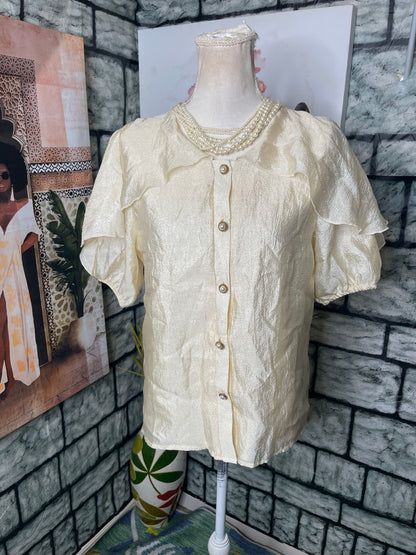 Shein Beige Button Blouse Women sz Small