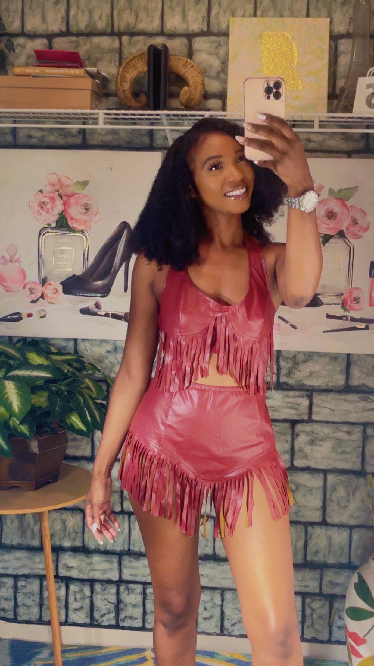 Burgundy Fringe Pants Set Women sz 2XL (can fit 1XL)