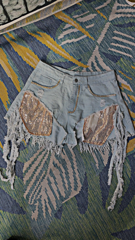 Kaylee Kollection Blue Sequin Denim Shorts Women sz Small