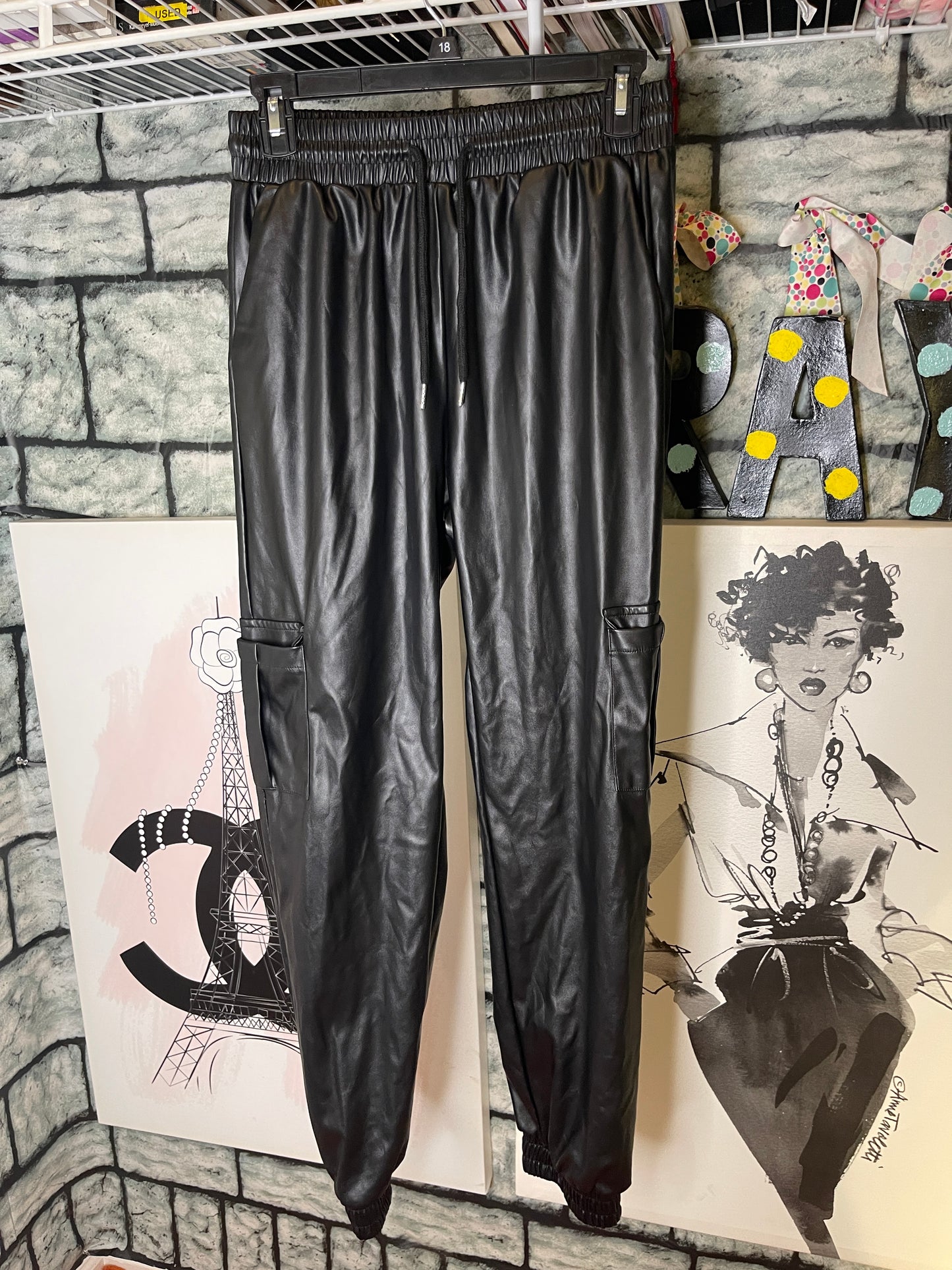 Shein Black Jogger Faux Leather Pants Women sz Medium