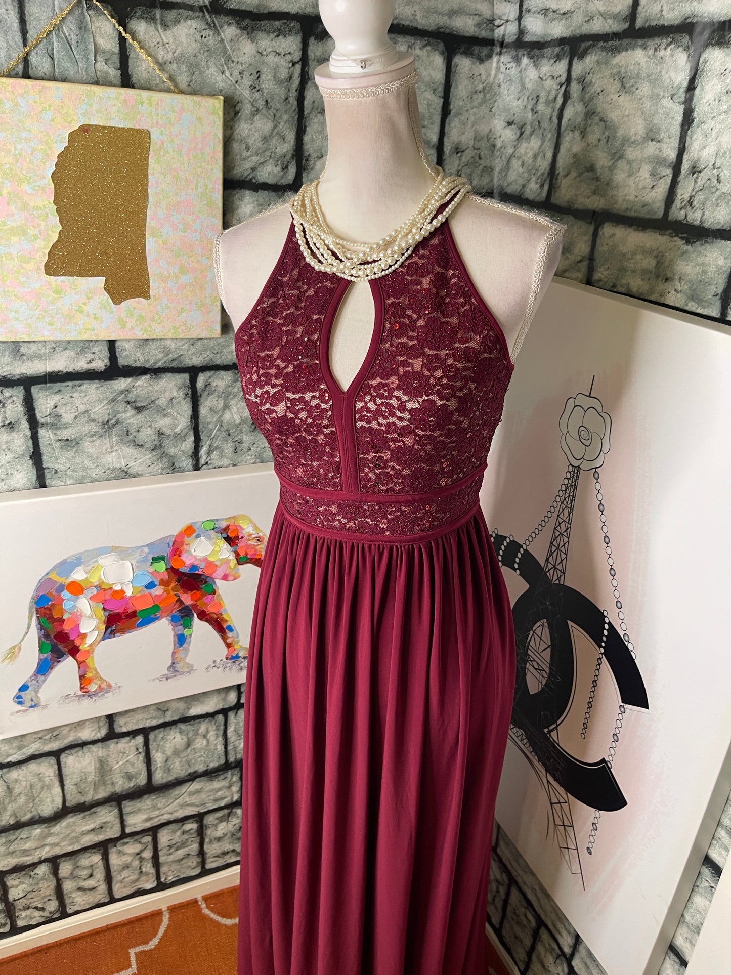 Morgan & Co Burgundy Tan Dress Women sz 3/4
