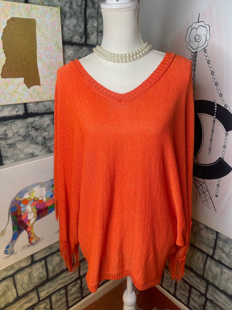 Orange fringe blouse women sz One size (would say fits up to Large)