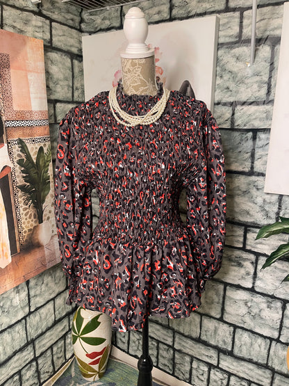 Shein Gray Orange Print Blouse Women sz 2XL