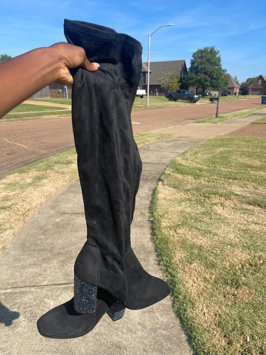 Mix No 6 Black Glitter Tall Heels Women sz 9.5