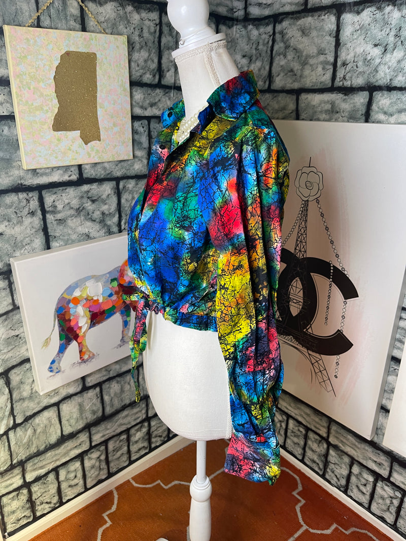 PDC Blue Colorful Button Blouse Women sz 8
