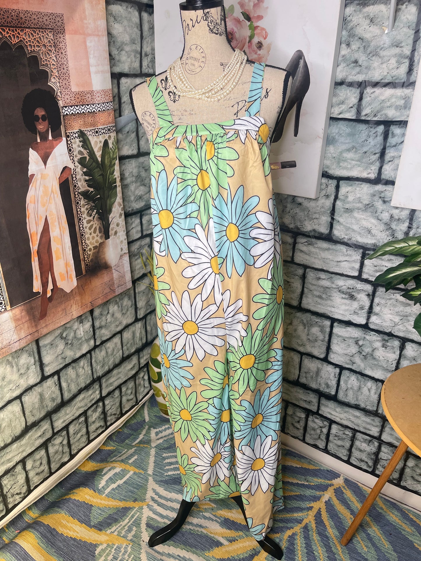 Shein Tan Blue Floral Jumpsuit Women sz Small