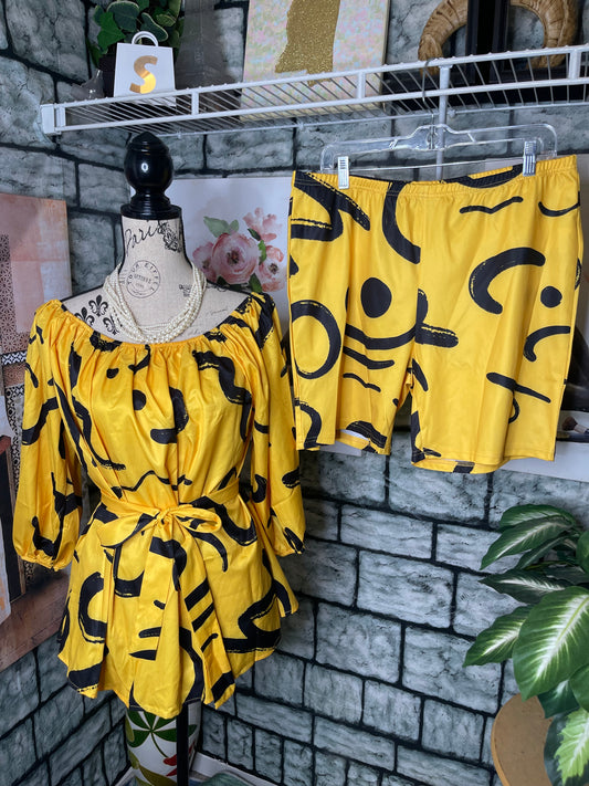 ChicMe Yellow Black Print 2 piece Pants Set Women sz 1XL