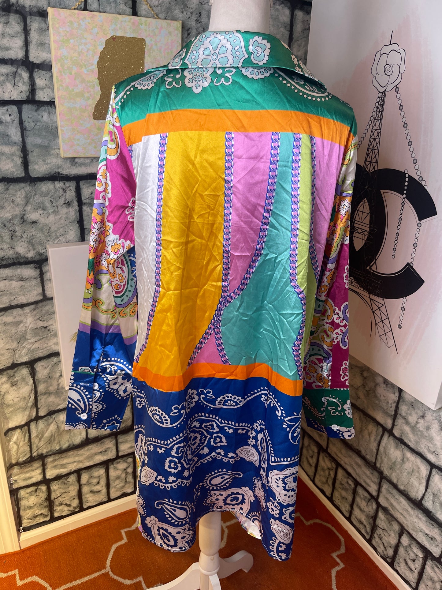 Colorful silk shirt dress women sz xl